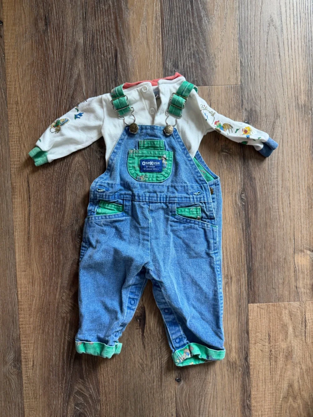 Vintage OshKosh B'gosh Blue Denim Overalls with Green Trim long sleeves